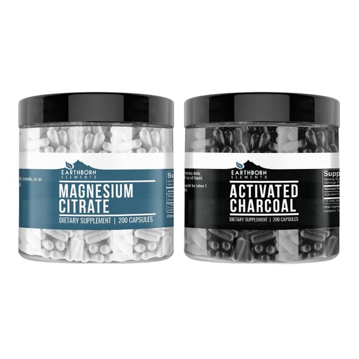 [BRSROEAYC56GACDV] Earthborn Elements Activated Charcoal & Magnesium Citrate Capsule Bundle (200 caps), Pure & Undiluted, No Additives