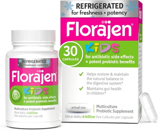[BRSWIYA7CQFREAL4] Florajen Kids Probiotics, Daily Gut Health & Immune Support Supplement, Constipation and Bloating Relief, 30 Capsules (Refrigerated)