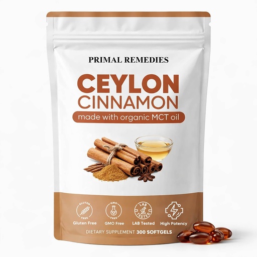 [BRSRGGAFBYJWMHT3] Primal Remedies Ceylon Cinnamon - 300 Softgels with MCT Oil, Highly Bioavailable, Non-GMO, Gluten Free, Vegan Capsules for Metabolism Support