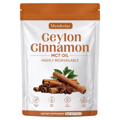 [BRSRGCQQCMORSD3H] Metabolae Ceylon Cinnamon - 300 Softgels, 12:1 Concentrated Cinnamon Extract with MCT Oil, High Absorption Formula, Daily Wellness Support Supplement, Non-GMO & Gluten-Free
