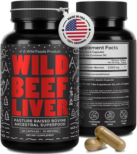 [BRSRAEAEAQPWKALO] Wild Foods Beef Liver Capsules - Grass-Fed & Pasture-Raised | 3000mg Ancestral Supplement for Natural Energy & Immune Support | Organ Supplement for Men & Women | Keto, Paleo, Carnivore (120 Softgels)