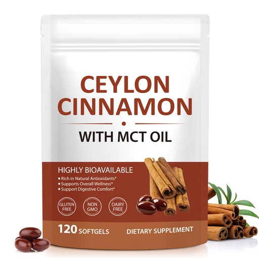 [BRSRGBIYAR5RY2TH] Ceylon Cinnamon Softgels with MCT Oil, True Cinnamon Supplement Extract, Herbal Daily Wellness Support, Non-GMO Formula, 120 Count
