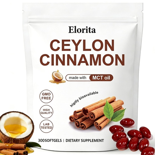 [BRSRYYAFCUMBM3D5] Elorita Ceylon Cinnamon Soft Gels with MCT Oil, 12:1 High Potency Extract, 300 Capsules, True Cinnamon Supplements, Highly Bioavailable Herbal Extract, Non-GMO, Gluten Free