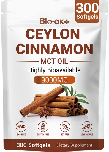 [BRSRGHT3OUORMYLF] Ceylon Cinnamon Softgels with MCT Oil, Herbal Cinnamon Extract Supplements Highly Bioavailable, Non-GMO, Gluten Free, 100 Day Supply, 300 Softgels
