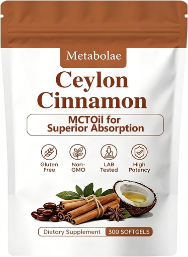 [BRSRGC36CQNG2AYU] Ceylon Cinnamon Capsules with MCT Oil,Non-GMO, Gluten Free High,Absorption - 300 Softgels