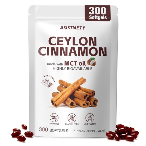 [BRSRGBQEOR7QA2YY] Ceylon Cinnamon Softgels with MCT Oil, True Sri Lanka Ceylon Cinnamon Capsules 600mg with Berberine HCl, Ginger & Black Pepper Extract, Blood Sugar & Metabolism Support, Non-GMO, Gluten, 300 Softgels
