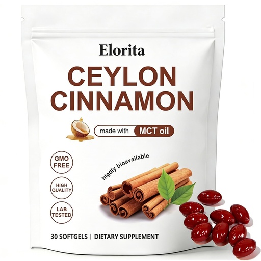 [BRSRGCTYPJYAKEIU] Elorita Ceylon Cinnamon Soft Gels with MCT Oil, 12:1 High Potency Extract, True Cinnamon Supplements, Highly Bioavailable Herbal Extract, Non-GMO, Gluten Free, 30 Softgels (30-Day Supply)