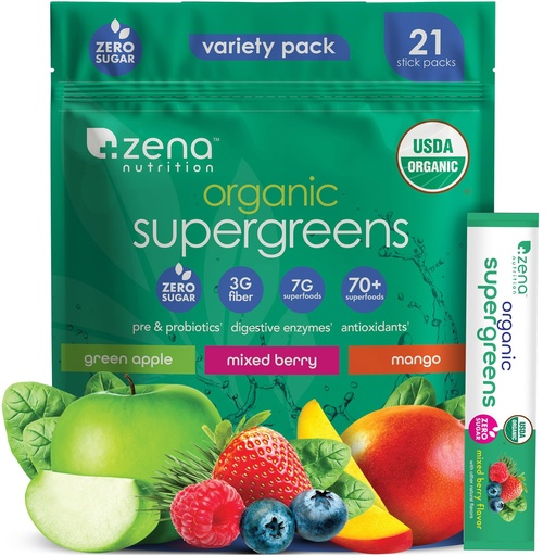 [BRSREAQ3BMARAYI4] Zena Nutrition Organic Super Greens Powder Variety Pack, 70+ Superfoods, 0 Sugar, 3G Fiber, Spirulina, Chlorella, Antioxidants, Prebiotics/Probiotics, Digestive Enzymes, 21 Drink Mix Packets​