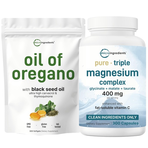 [BRSREZIKCIHQMGQ6] Micro Ingredients Oil of Oregano Softgels & Pure Triple Magnesium Complex 400mg Capsules | 2 Pack Bundle | 4X Strength Thymoquinone with Black Seed | Glycinate, Malate, & Taurate Forms