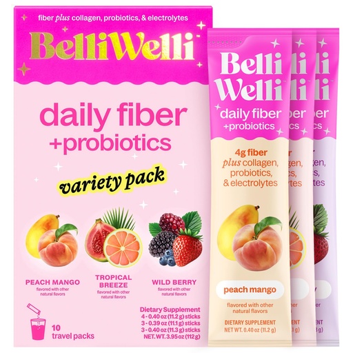 [BRSREHD6BMPBEETK] Belli Welli Fiber Supplement, Probiotics Fiber Powder Travel Pack for Women with Collagen & Electrolytes for Daily Gut Health & Debloating, Variety Pack, 10 Packets