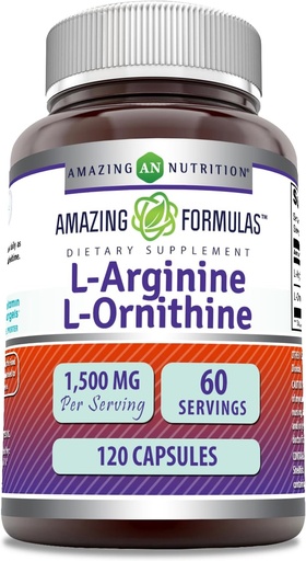 [BRSWGBD2PJ7RMADV] Amazing Formulas L-Arginine/L-Ornithine 1500 Mg Per Serving, Capsules | Non-GMO | Gluten Free | Amino Acid Supplement (120 Count)