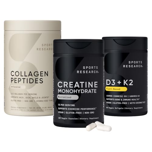 [BRSREGAQBYCBAA3H] Sports Research® Health Pack - Creatine Monohydrate Powder + Collagen Peptides + Vegan Vitamin D 5000iu & Mk7 Vitamin K 100mcg