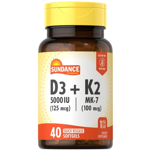 [BRSROHA2OUHGKGTZ] Sundance Vitamin D3 K2 | 40 Quick Release Softgels | 5000 IU | Non-GMO and Gluten Free Supplement
