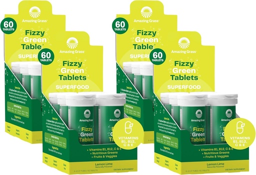 [BRSRAY3ROEBGKCT7] Verbazingwekkende Gras Fizzy Groene Tabletten Superfood Lemon Lime: Groene Superfood Watersmaak Tablet met Antioxidanten & Alkaliserende Groenen, 60 Tel (Verpakking mei Vary) (Pack of 4)