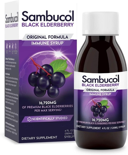 [BRSWIYYPOIMQIDLC] Sambucol Black Elderberry Syrup - Sambucus Elderberry Syrup, Black Elderberry Liquid, Immune Support, Elderberry Syrup pentru copii și adulți, Antioxidanți mari, Gluten Free - Formula originală, 4 Fl Oz
