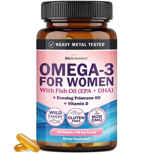[BRSRGCDRCJ6R4HQ7] BioSchwartz Fish Oil Omega 3 Supplement for Women - 600mg Omega 3 EPA + DHA, Evening Primrose Oil, Vitamin D & E - Healthy Skin, Hormone Balance & Heart Health Support - 60 Softgels, 2 Month Supply