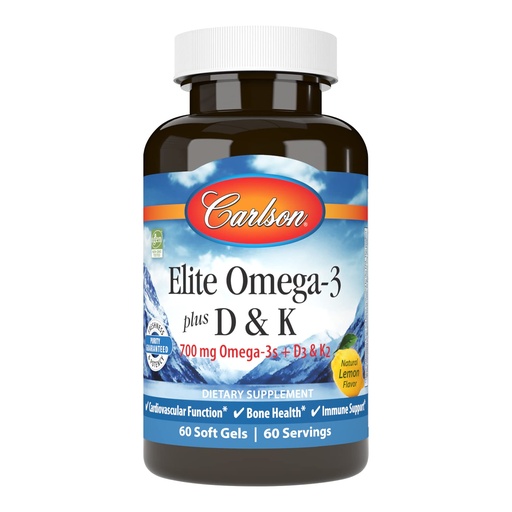 [BRSWGFAPO4CB6CY2] Carlson - Elite Omega-3 Plus D & K, 700 mg Omega-3s + D3 & K2, Function, Bone Health & Immune Support, Lemon, 60 Softgels
