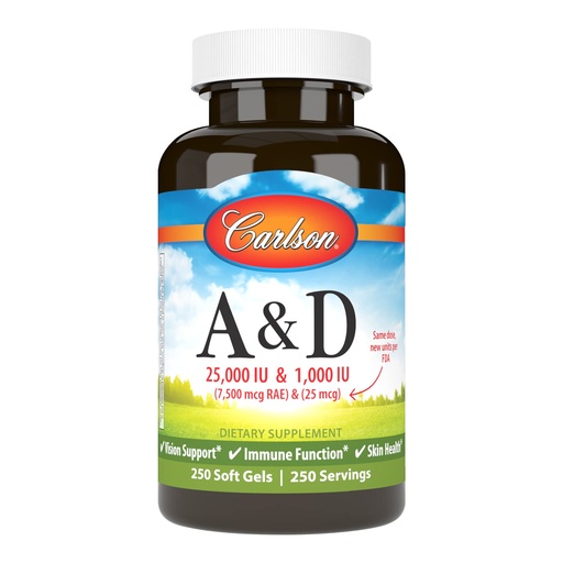[BRSWECQ2BMFRUDTF] Carlson - A & D, 25000 IU (7500 mcg RAE) Vitamin A, 1000 IU (25 mcg) Vitamin D, Vision Support, Skin Health, 250 Softgels