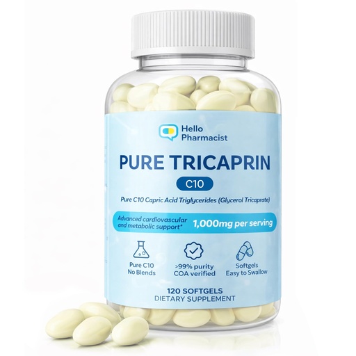 [BRSRGAA2PINB6CLG] 100% Pure Tricaprin C10 MCT Oil Softgels - Advanced Heart, Cardiovascular & Cellular Support - Capric Acid Triglycerides (Glycerol Tricaprate) - 1g Serving - Pure C10 MCT Oil - No C8, C12-120 Count