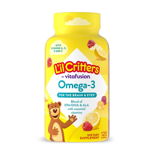 [BRSWIAA3OEFB63LE] Lil Critters Kids Omega 3 Gummies | 120 Gummy Vitamins | Blend of EPA, DHA & ALA | with Vitamins A, C, D, E | Raspberry Lemonade | Gluten-Free Children's Supplement