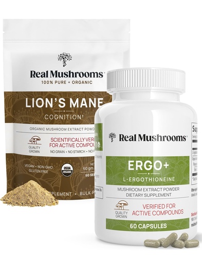[BRSWYCT5DIJRQ3T4] Real Mushrooms Ergothioneine (60ct) and Lion’s Mane Organic Powder (60 Servings) Bundle with Shiitake and Oyster Mushroom Extracts - Longevity and Cognition - Vegan, Gluten Free, Non-GMO