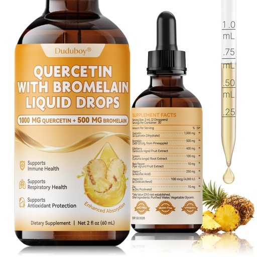 [BRSRGGA3CMMBSGYY] Quercetin with Bromelain Liquid Drops, 4X Stronger Than Pills & Capsules, 8 in 1 Quercetin with Bromelain, Elderberry, Vitamin C & D3, Immune, Respiratory Health & Antioxidant Support, 2 Fl Oz