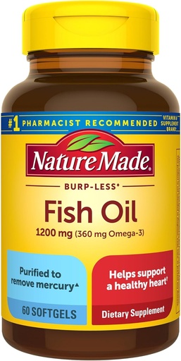 [BRSWIYQGDEGA2EYZ] Natura fatta Burp Meno Pesce Olio Omega 3 Integratori, 1200 mg Softgels, EPA DHA Omega 3 Fish Oil Integratori per il sostegno sano del cuore, 60 Softgels, 30 giorni di alimentazione