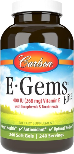 [BRSWIYILOAMWAHDG] Carlson - E-Gems Elite, 400 IU bitamina Tocopherols & Tocotrienols, E bitamina kapsulak, Bihotz Osasuna eta Ongizate Optimala, Antioxidatzailea, E bitamina osagarria, 240 Softgels