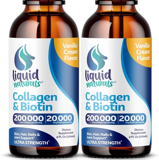 [BRSRMYDYCMFBUAY2] Liquid Collagen and Biotin, 2 Fl. Oz, Ultra-Strength Collagen Supplements for Women, Keto Friendly Biotin for Hair Growth Women, Nails, & Skin Vitamins B7 Collageno Peptides – Vanilla Flavor - 2 Pack