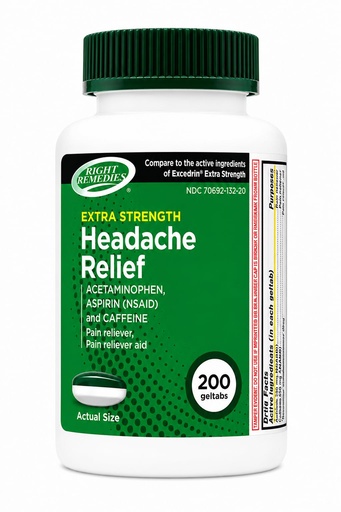 [BRSW2BDRAQCR4DLJ] RIGHT REMEDIES Extra Strength Headache Relief with Acetaminophen, Aspirin (NSAID) & Caffeine, Back & Body Pain Relief, Compare to the Active Ingredients in Excedrin® Extra Strength (200 Geltabs)