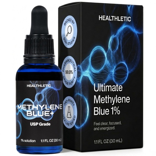 [BRSRGHD2AEBQ2YA6] HEALTHLETIC Methylene Blue Drops - USP Pharmaceutical Grade 1% Solution Made in USA - Supports Mental Clarity, Focus & Cellular Energy - 3rd Party Tested with COA - No Formaldehyde (30ml / 1.1 fl.oz)