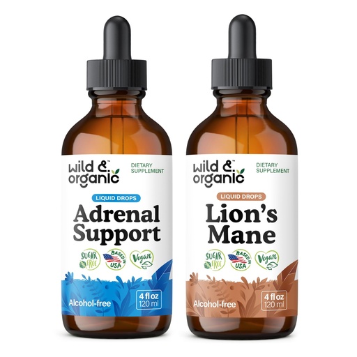 [BRSRAGAKAQMQ2C3K] Wild & Organic Adrenal Support Tincture 4 fl oz & Lion's Mane Tincture 4 fl oz