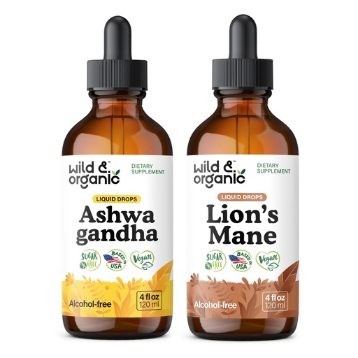 [BRSRAGAKBF7R4EYV] Wild & Organic Ashwagandha Tincture 4 fl oz & Lion's Mane Tincture 4 fl oz