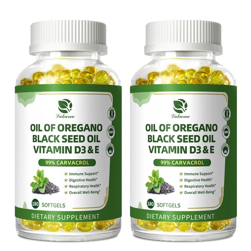 [BRSRE2T2CMGQEELP] Lukaree Organic Oregano Oil Capsules with Black Seed Oil, Ultra-Concentrated 99% Carvacrol, 5-in-1 with Vitamin D3 E Black Pepper, Immune, Respiratory, Digestive & Antioxidant*, 180 Softgels, 2 Pack
