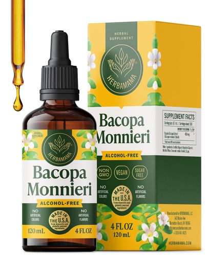 [BRSREEAFCQFAEDLO] HERBAMAMA Bacopa Monnieri Supplement - Vegan Brain Focus and Clarity Support with Bacopa Extract Tincture - Non-GMO, Alcohol & Sugar-Free Brahmi Herb Drops, 168-Day Supply