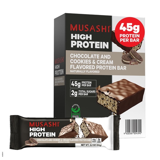 [BRSREBT4B4HR4D33] MUSASHI High Protein Bar, 45g Protein, 2g Total Sugars, Cookies & Cream, Post Workout and Protein Snack On The Go, 12 Pack of 3.2oz (90g) Bars