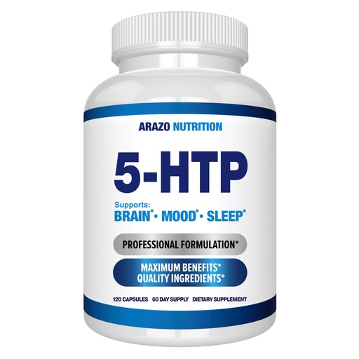 [BRSWKH33DFYAEELH] 5-HTP 200 MG Per Serving Plus Calcium for Mood, Sleep – Supports Calm and Relaxed Mood – 99% High Purity – 120 Capsules – Arazo Nutrition