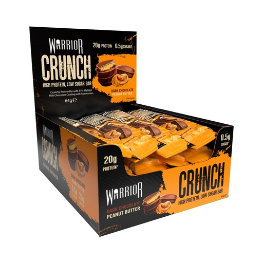 [BRSWGZD4AECQIFD3] Warrior HIGH PROTEIN BARS (20g Protein each) - Low Carb, Low Sugar - Pack of 12 Caramel Crispy Crunch Bars - Dark Chocolate & Peanut Butter