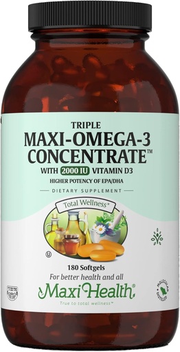 [BRSWIAALC4HB4AAZ] Omega 3 Supplement - Omega-3 Fish Oil Triple Concentrate with Vitamin D3 - Potent Source of EPA/DHA Fatty Acids - Heart, Brain, Joint Health - Kosher Certified Wild Caught Marine Fish - 180 Softgels