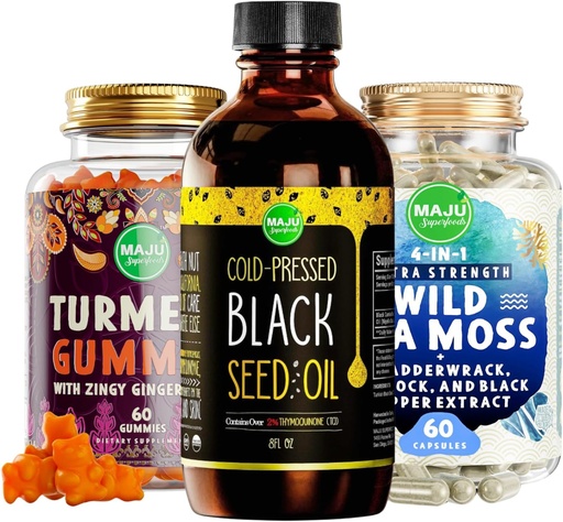 [BRSW2ZQECMMB4GTO] Maju Superfoods Black Seed Oil, 4- in-1 Mosovy kapsle a kurkumin zázvorové gumy Bundle