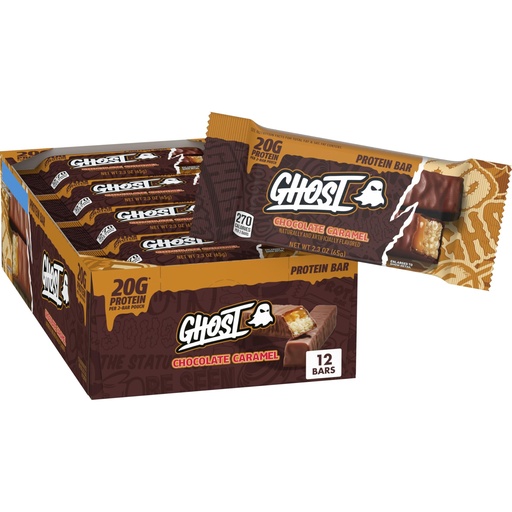 [BRSRGBLYAEOW2DLJ] GHOST PROTEIN BAR, CHOCOLATE CARAMEL Flavor, 20G Protein, 2G Sugar, 12 Dual-Bar Packs, 27.6 oz