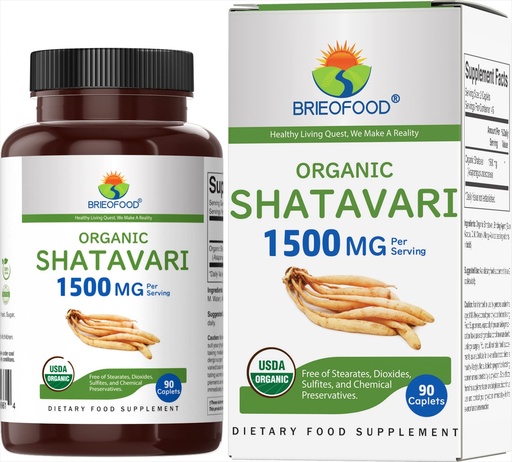 [BRSRMZDQCMGQAFLG] Brieofood Organic Shatavari 1500mg, 45 Servings, Vegetarian, Gluten Free, 90 Vegetarian Tablets