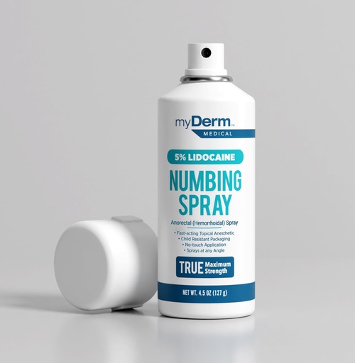 [BRSRMZT4AAHRGHQ2] Myderm Medical Numbing Spray - 4.5oz - Maximum Strength 5% Lidocaine with Phenylephrine HCl and Witch Hazel - Fast-Acting Reliever with A Touch-Free Application - First Aid Supplies - Made in USA