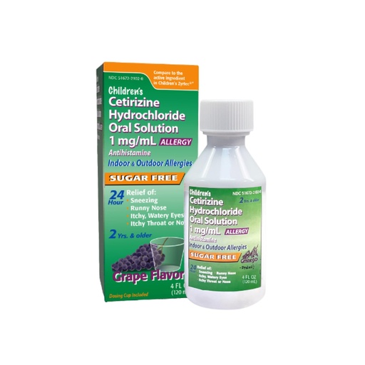 [BRSWIH32AZ7BAC3C] Children's Allergy Medicine, Sugar Free Grape Flavor, Cetirizine Kids Antihistamine Oral Solution Syrup for Indoor & Outdoor Allergy Relief, 24-Hour Symptom Relief, 4 fl oz