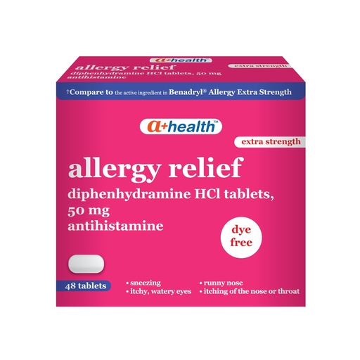 [BRSW2YDQAAAROFL7] A+Health Allergy Relief Extra Strength, Diphenhydramine HCl 50mg Tablets, 48 Count, Dye-Free, Antihistamine, Relief of Runny Nose Sneezing Watery Eyes
