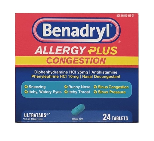 [BRSWG2TYDJ7AOC3B] Benadryl Allergy + Congestion, 24 Tablets Each (Pack of 3)
