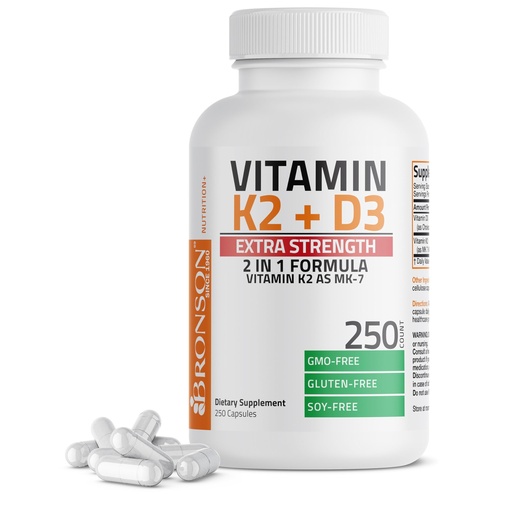 [BRSRAAQOAQBQKGTO] Bronson Vitamin K2 (MK7) with D3 Extra Strength Supplement Bone and Heart Health Non-GMO Formula 10,000 IU Vitamin D3 & 120 mcg Vitamin K2 MK-7 Easy to Swallow Vitamin D & K, 250 Capsules
