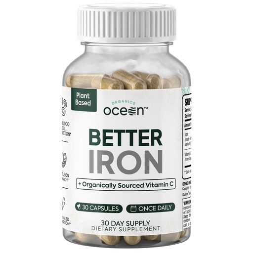 [BRSRGBQHOAJWOG3K] Organics Ocean Better Iron Supplement with Vitamin C - Plant-Based Fermented Pea Formula - Supports Iron Absorption, Energy & Vitality - Gentle on the Stomach, Vegan, Non-GMO - 1 Pack