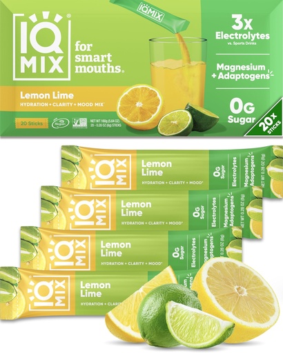 [BRSW2HD5BMBQG333] IQMIX Hydration Electrolyte Powder – 4-in-1 Formula for Hydration, Mental Clarity, Mood and Recovery – Sugar-Free Drink Mix, Keto, Magnesium L-Threonate, Lion’s Mane – 20 Count Lemon Lime