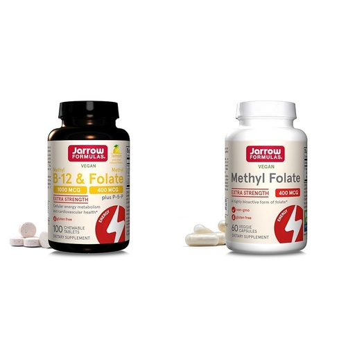 [BRSRAYYYAR7Q2E3K] Jarrow Formulas Methyl B-12 1000 mcg & Methyl Folate 400 mcg Chewable Tablets and Methyl Folate 400 mcg Veggie Capsules Bundle for Cellular Energy, Cardiovascular and Neurologic Support